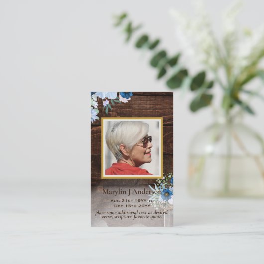 100xブルー素朴フローラフォト祈りの言葉メモリアルカード 名刺 (スタンド正面)