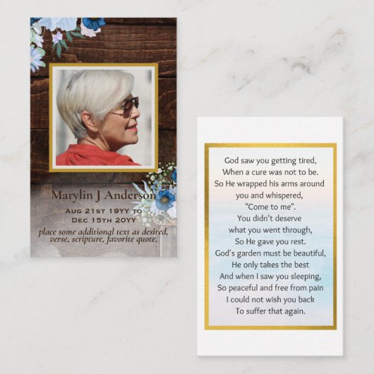 100xブルー素朴フローラフォト祈りの言葉メモリアルカード 名刺 (正面/裏面)