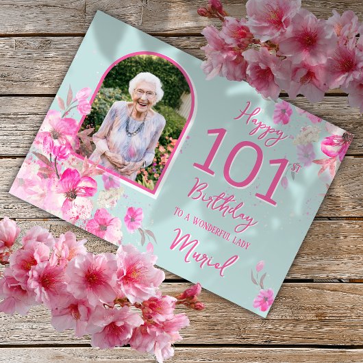 101歳の誕生日カード フローラル+シングルフォト カード