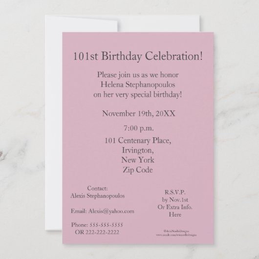 101歳の誕生日パーティー – ピンクのローズブーケ 招待状 (裏面)