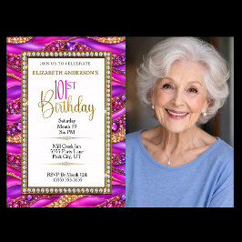 101歳の誕生日フォトに輝くピンクゴールドのジュエルデザイン 招待状