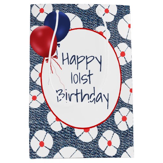 101番目の誕生日バルーンフローラデニム ミディアムペーパーバッグ (正面)