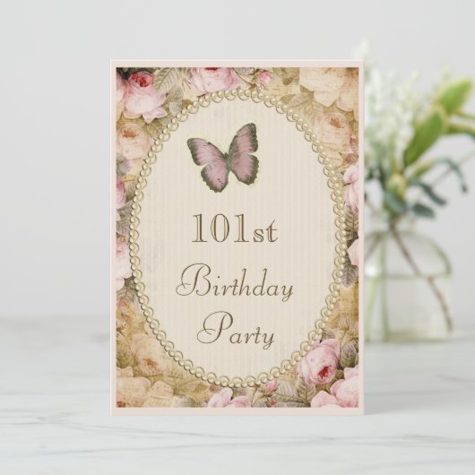 101番目の誕生日ヴィンテージバラバタフライ音楽ノート 招待状 (スタンド正面)