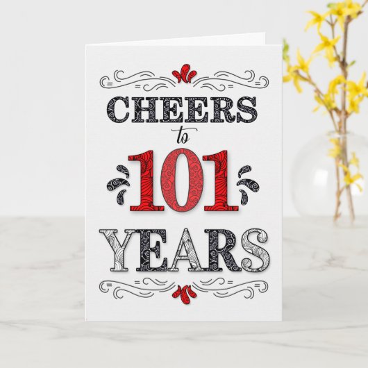 101番目の誕生日応援の赤い白の黒のパターン カード (黄色い花)