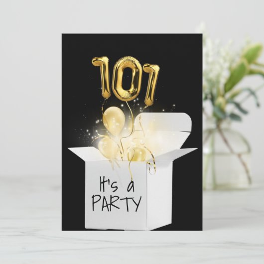 101番目の誕生日金ゴールドバルーン(白いボックス) 招待状 (スタンド正面)
