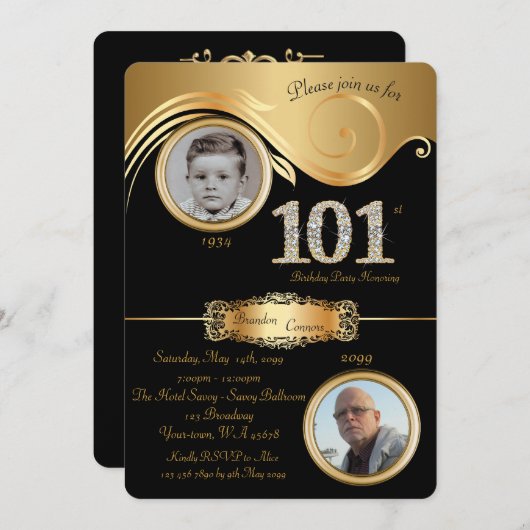 101,誕生日マン101エレガント，アートデコ，黒 招待状 (正面/裏面)