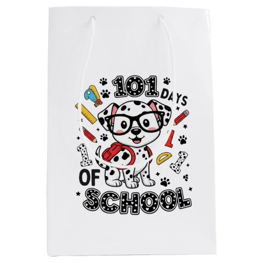 101 Days of School Dalmatian Puppy ミディアムペーパーバッグ (正面)
