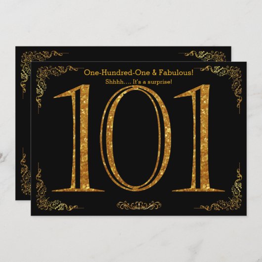 101st誕生会、素晴らしいGatsbyの黒い金ゴールドのglitt 招待状 (正面/裏面)