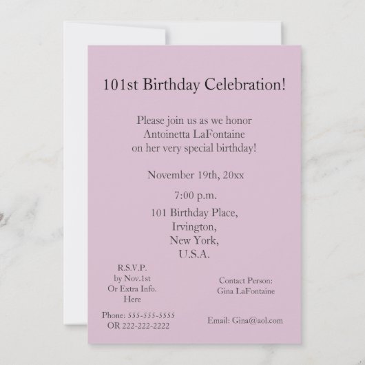 101st誕生祝い! -かわいらしいピンクの花 招待状 (裏面)