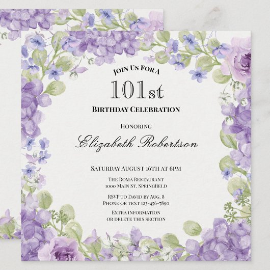 101st Birthday Invitation Elegant Purple Floral 招待状