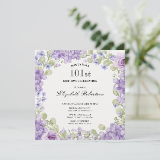 101st Birthday Invitation Elegant Purple Floral 招待状 (スタンド正面)