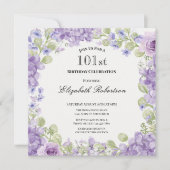 101st Birthday Invitation Elegant Purple Floral 招待状 (正面)