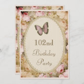 102番目の誕生日ヴィンテージバラバタフライ音楽ノート 招待状 (正面/裏面)