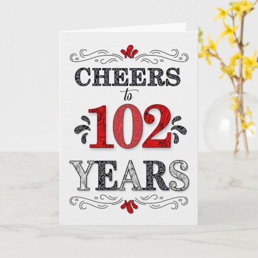 102番目の誕生日応援の赤い白の黒のパターン カード (黄色い花)