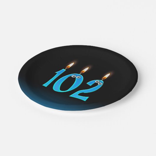 102番目の誕生日（ろうそく火の付いた数字） ペーパープレート (アングル)