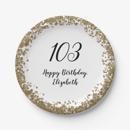 103歳の誕生日ゴールドスパンコールプレート ペーパープレート (正面)