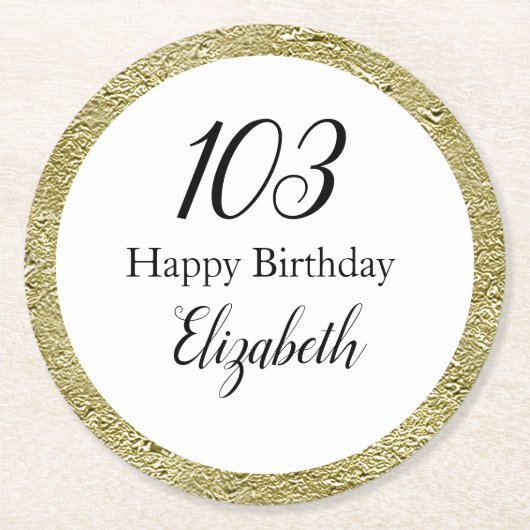 103歳の誕生日 ブラック ホワイト ゴールド ラウンドペーパーコースター (正面)
