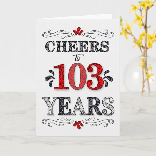 103番目の誕生日応援の赤い白の黒のパターン カード (黄色い花)
