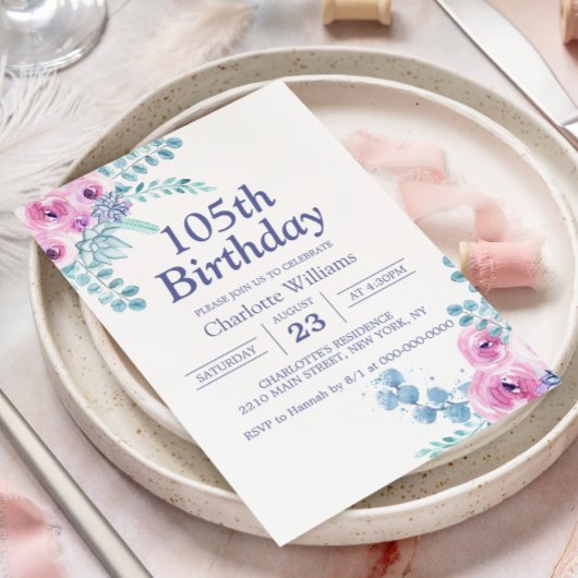 105歳の誕生日 フローラル ピンク 105歳 招待状
