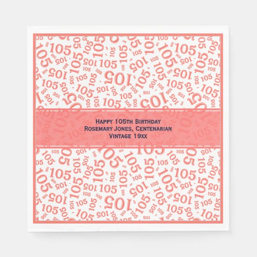 105番目の誕生日モダン番号パターンCral/White スタンダードランチョンナプキン (正面)