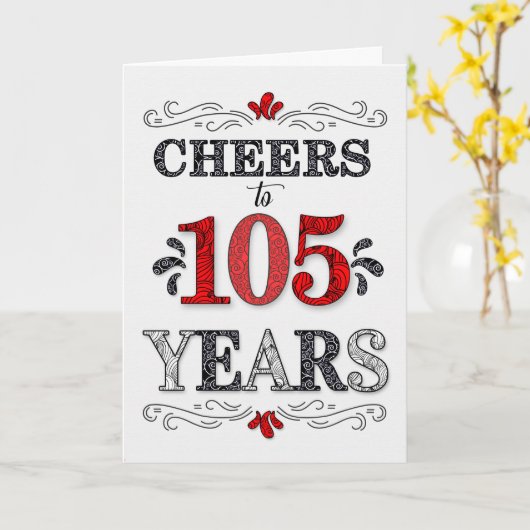 105番目の誕生日応援の赤い白の黒のパターン カード (黄色い花)