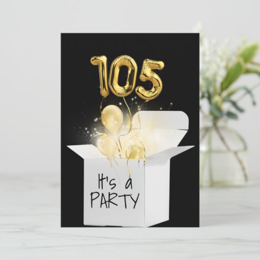 105誕生日の金ゴールドバルーンを白い箱に 招待状 (スタンド正面)