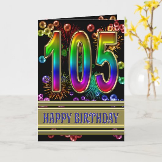 105th虹の泡および花火との誕生日 カード (黄色い花)