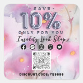 10%オフ感謝していQRCODEロゴ割引コードフローラグレー スクエアシール (正面)