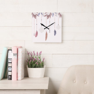 10.75" Boho Feathers Square Acrylic Wall Clock スクエア壁時計