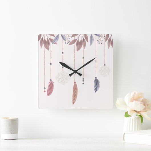 10.75" Boho Feathers Square Acrylic Wall Clock スクエア壁時計 (ホーム)