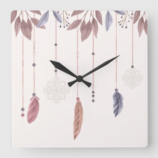 10.75" Boho Feathers Square Acrylic Wall Clock スクエア壁時計 (正面)