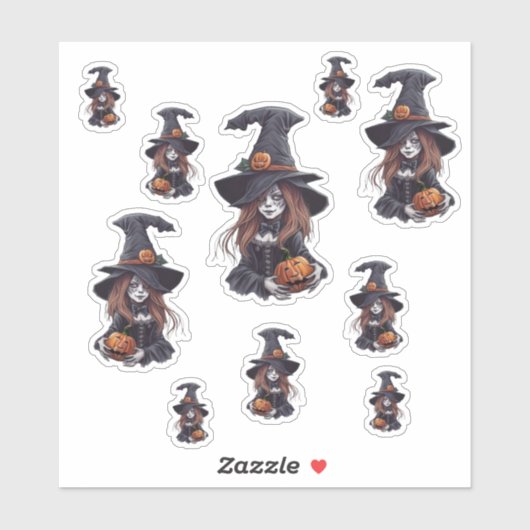 10 Halloween-Hexe mit Kürbis - シール (シート)