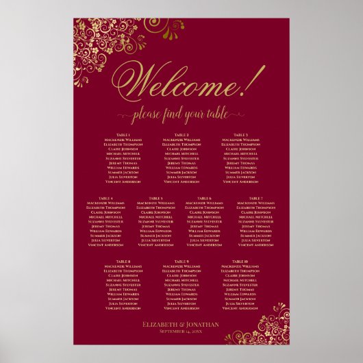 10 Table Burgundy & Gold Welcome Seating Chart ポスター (正面)