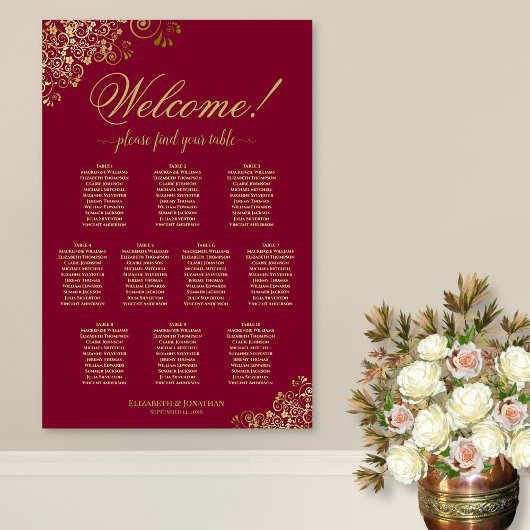 10 Table Burgundy & Gold Welcome Seating Chart ポスター