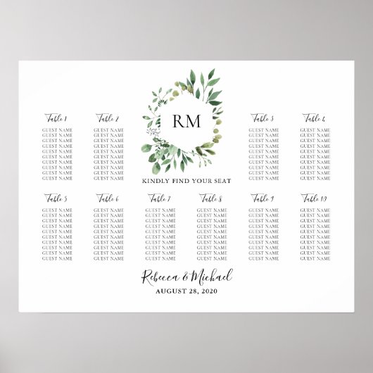 10 Table Monogram Wedding Guest Seating Chart ポスター (正面)