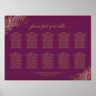 10 Table Wedding Seating Chart Magenta & Gold ポスター