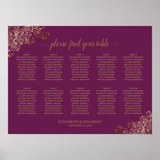 10 Table Wedding Seating Chart Magenta & Gold ポスター (正面)