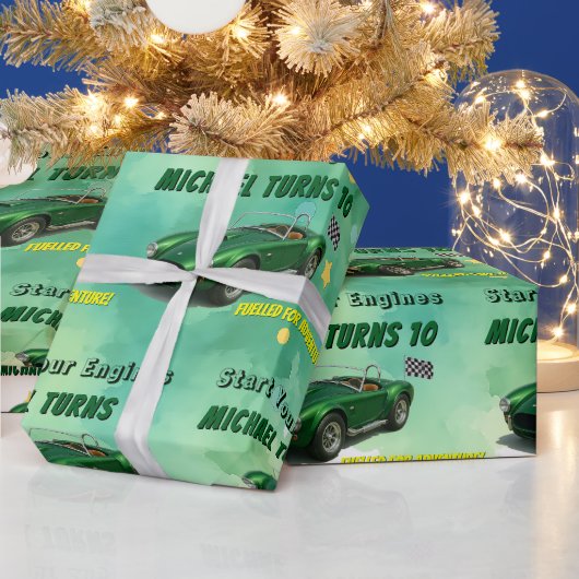 10 Year Old Birthday Party Green Racing Car ラッピングペーパー (クリスマス)