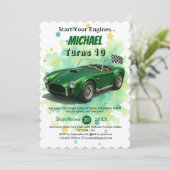 10 Year Old Birthday Party Green Racing Car 招待状 (スタンド正面)