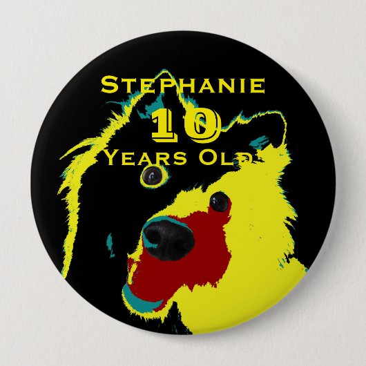 10 Years Old, Happy Yellow Dog Button Pin Pinback 缶バッジ (正面)
