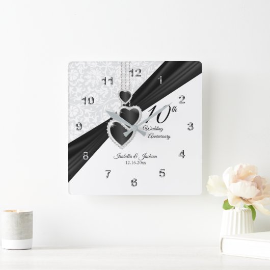 10thオニキスとホワイトの結婚アニバーサリーキープサケ スクエア壁時計 (ホーム)