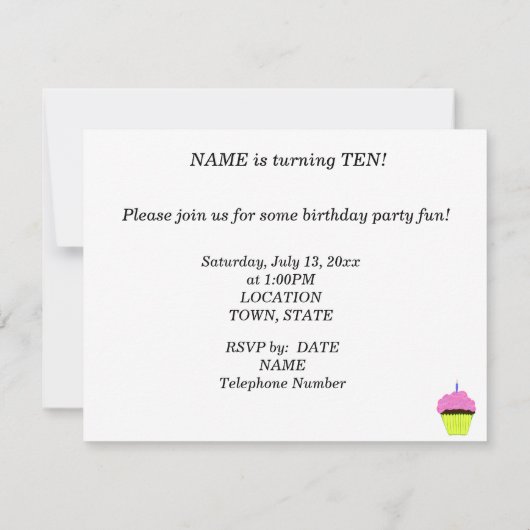 10thバースデーパーティーピンクカップケーキカスタマイズ-  招待状 (裏面)