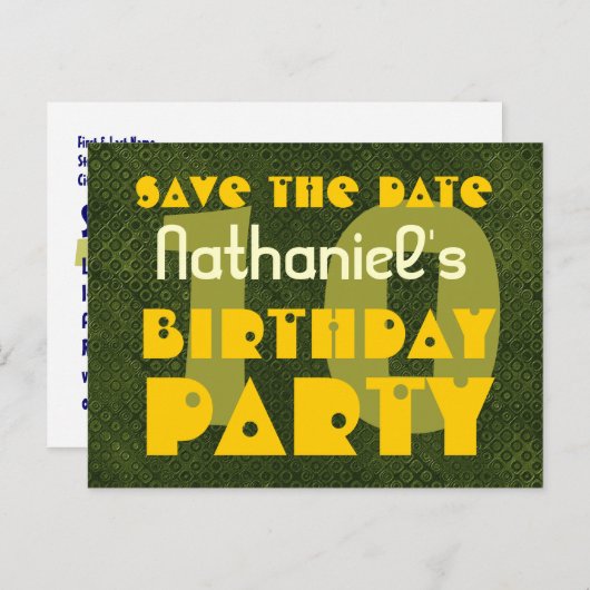 10thモダン誕生日パーティー日付を保存する緑のV1A 案内ポストカード (正面/裏面)