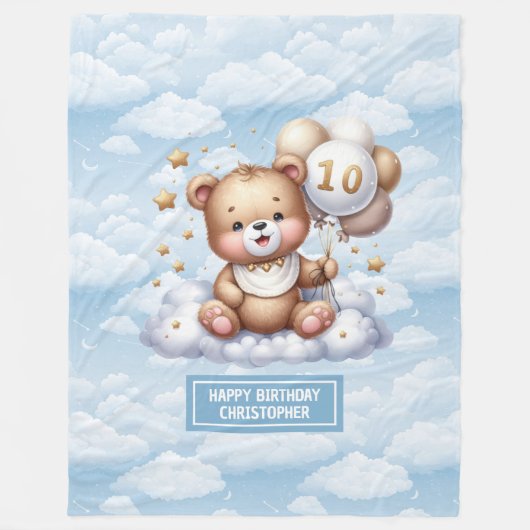 10th誕生日ギフトブランケットとテディ名カスタム。 フリースブランケット (正面)