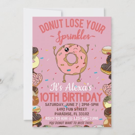 10th誕生日ドーナツテーマガおもしろいールズパーティー 招待状 (正面)