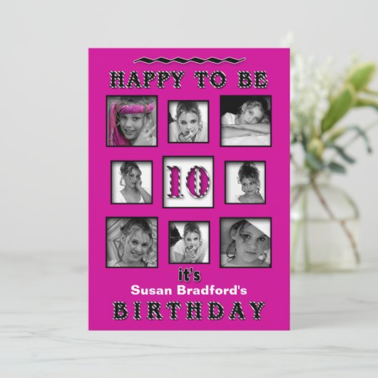 10th誕生日パーティーへの招待 – 写真 – 明るい赤紫色 招待状 (スタンド正面)