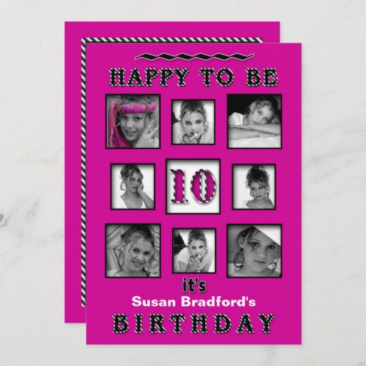 10th誕生日パーティーへの招待 – 写真 – 明るい赤紫色 招待状 (正面/裏面)