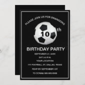 10th誕生日パーティーサッカーブラックボーイズスポーツ 招待状 (正面/裏面)