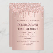 10th誕生日パーティーバラ金ゴールドグリッターピンク 招待状 (正面/裏面)