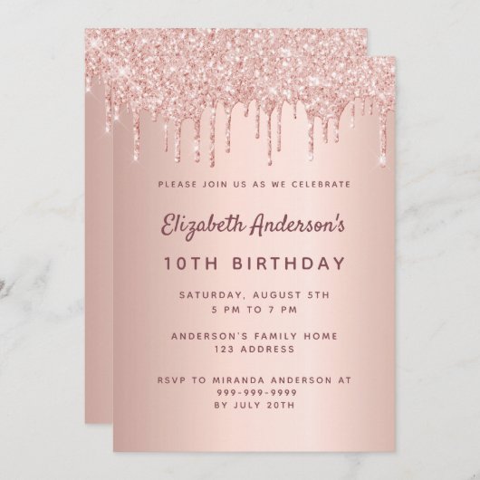 10th誕生日パーティーバラ金ゴールドグリッターピンク 招待状 (正面/裏面)